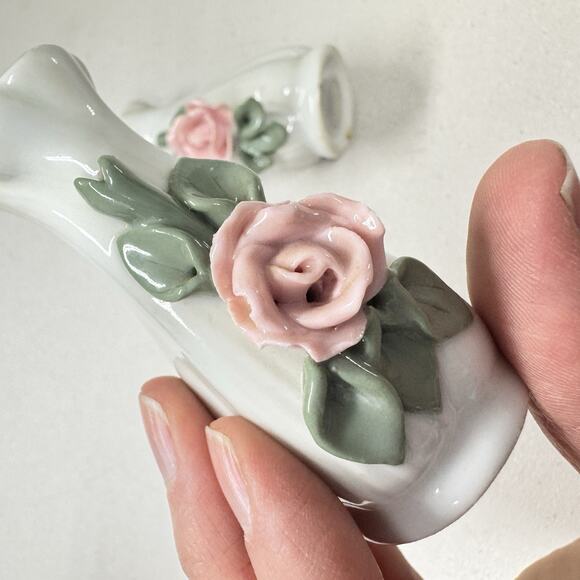 Vintage Porcelain Rose Salt and Pepper Shakers 3" White Pink Grandma Core - Picture 2 of 8